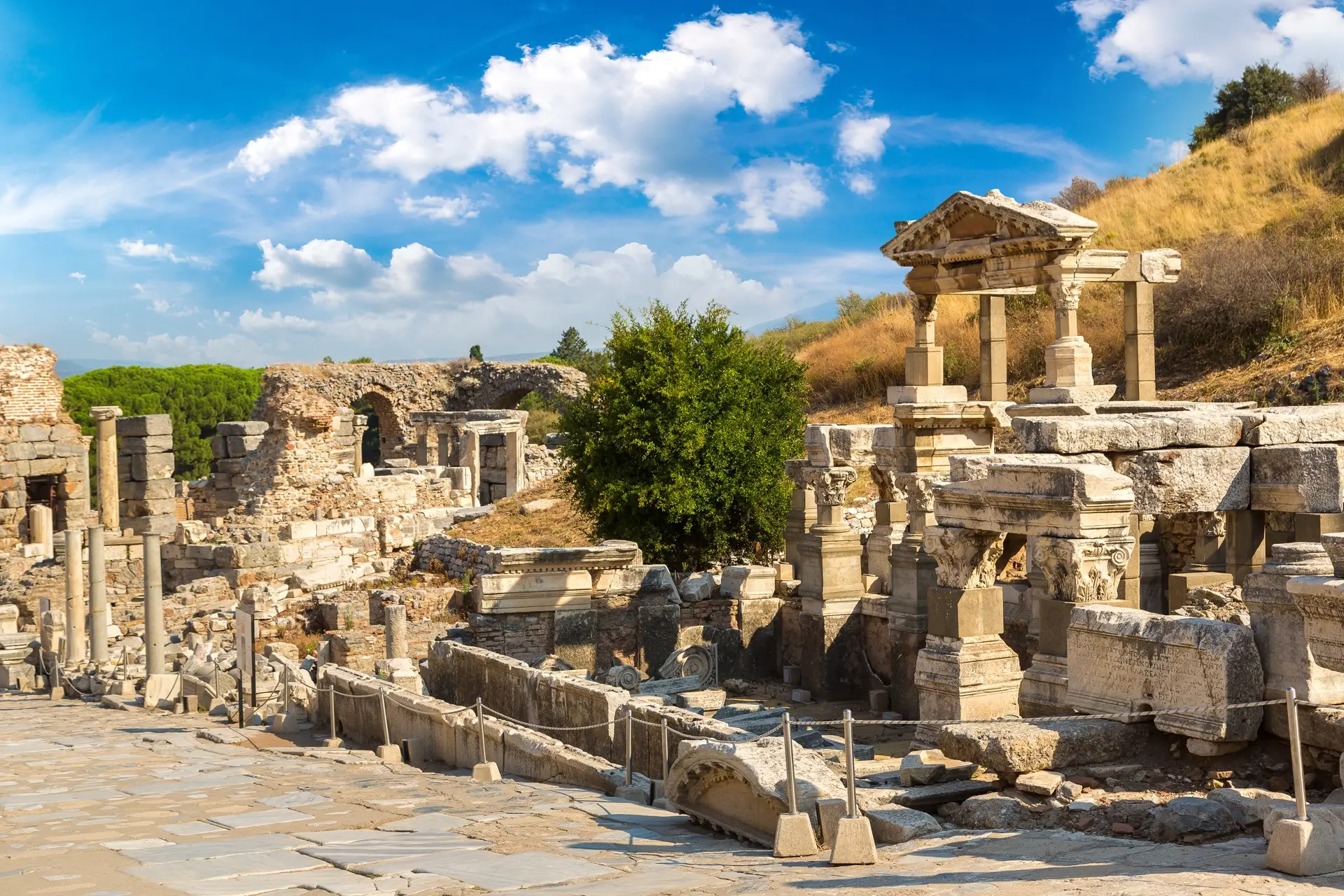 Excavated ruins of the ancient city of Ephesus on the hillside