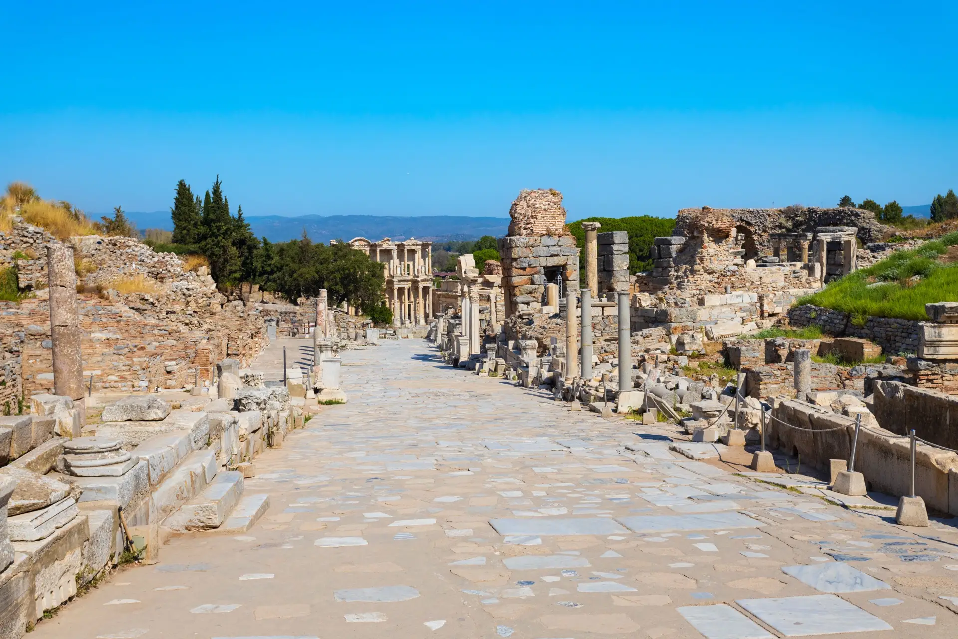 Ephesus ancient city ruins under clear Aegean skies in İzmir province