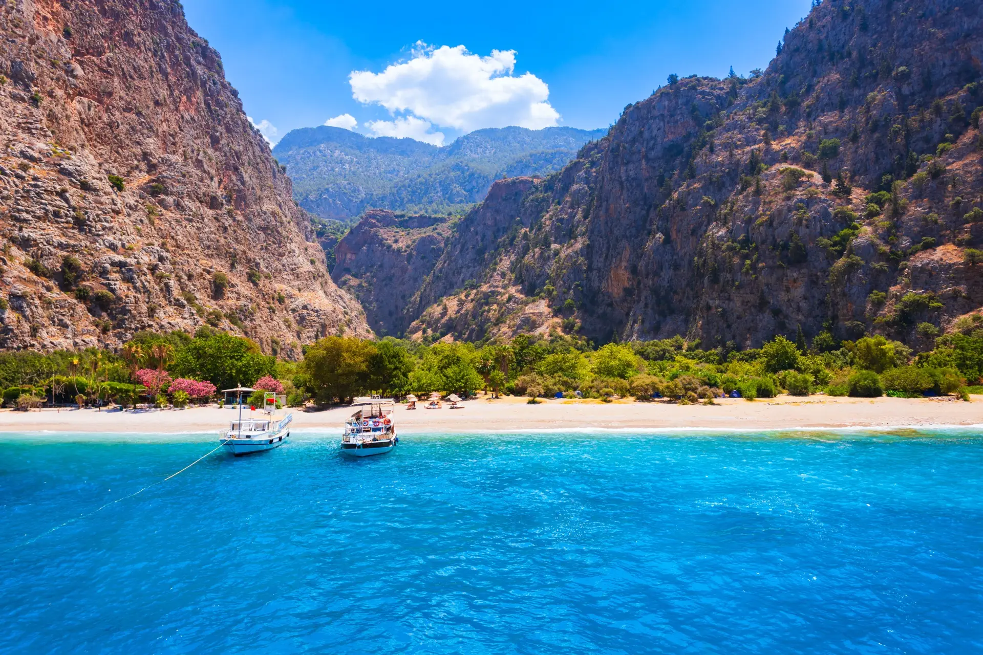 Butterfly Valley near Fethiye in October with turquoise water, two boats and an empty beach
