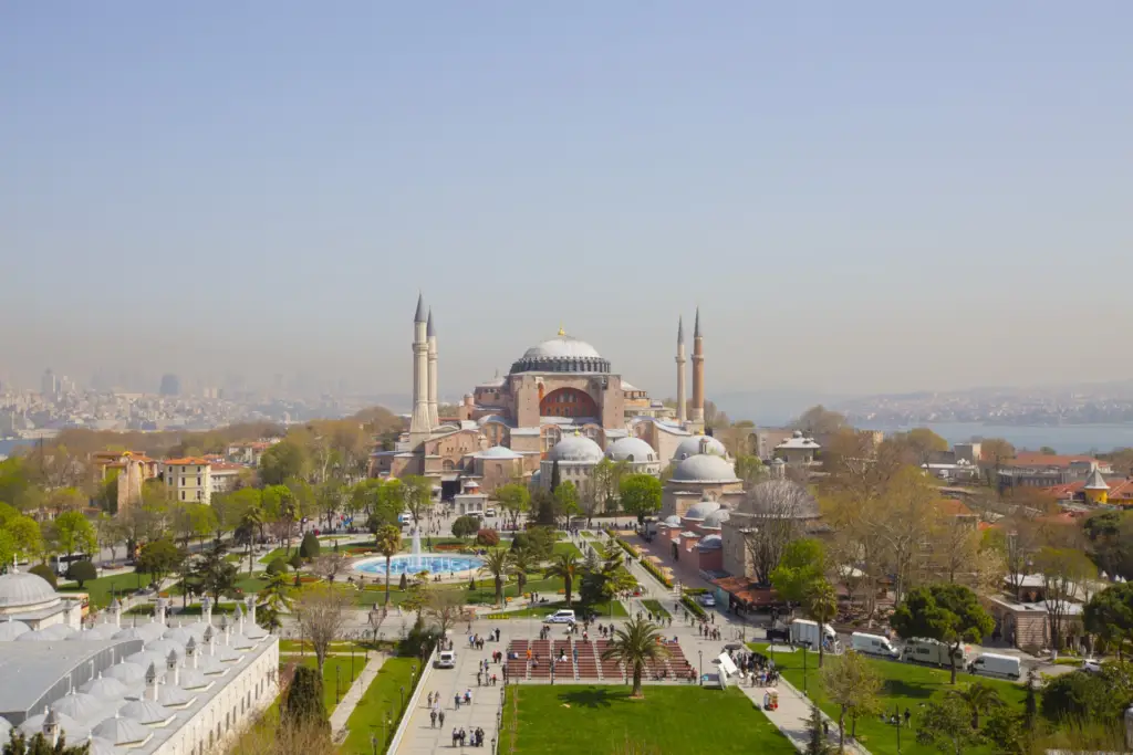 Hagia Sophia and Sultanahmet Park seen from above with the Bosphorus behind