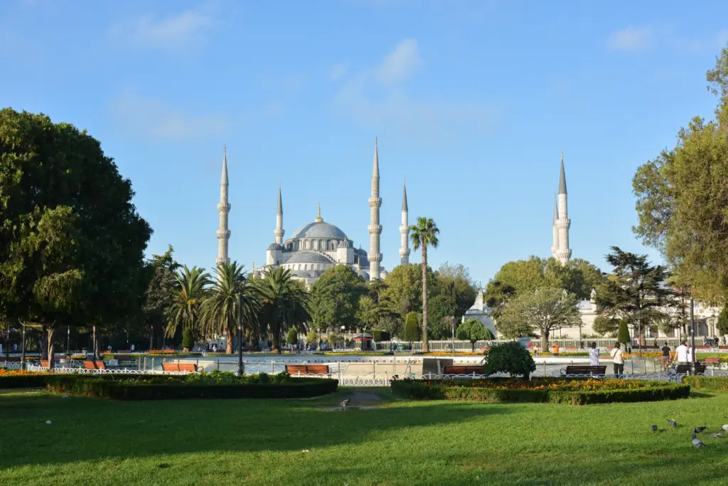 The six minarets of the Blue Mosque seen across Sultanahmet Park in Istanbul