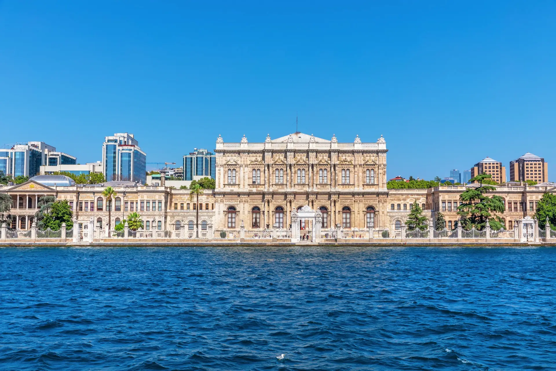Dolmabahçe Palace on the Bosphorus shoreline in Istanbul, the arrival city on every route from New Zealand