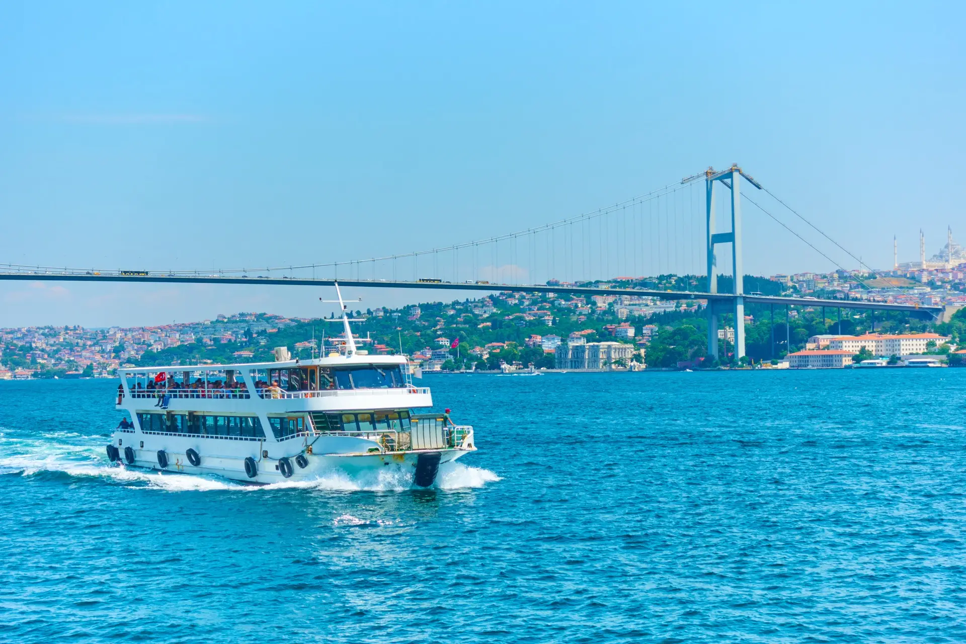 Passenger ferry crossing the Bosphorus beneath the bridge, Istanbul
