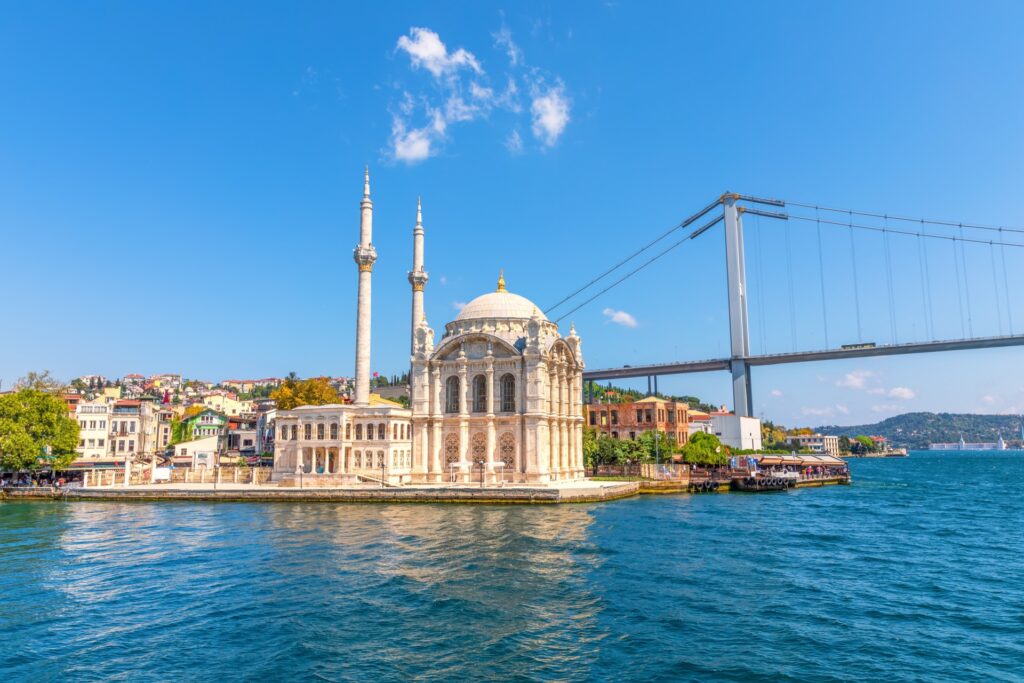 Ortakoy Mosque on the Bosphorus waterfront beneath the Bosphorus Bridge, Istanbul