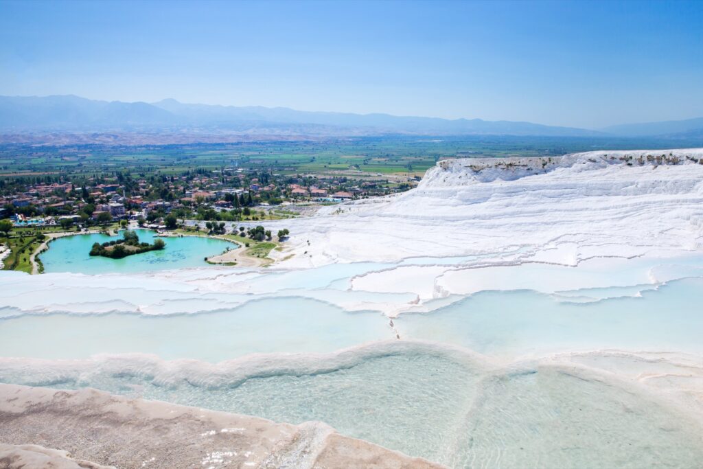 Pamukkale turkey august 14 2015 tourists on pamukkale travertine pools and terraces pamukkale is famous unesco world heritage site in turkey